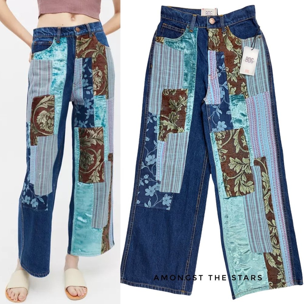 BDG Patchwork Velvet Jacquard High Waisted Wide Leg Blue Jeans